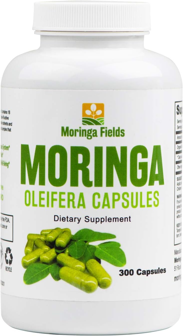 Moringa Oleifera Superfood - 300 Capsules, 400mg Each, 100% Raw, Potent, Rich Green Color, Natural, Non-GMO with Vitamins, Minerals, Amino Acids, Plant Protein, Anti-inflammatories and Antioxidants