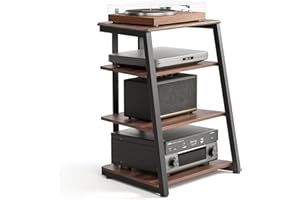 FITUEYES Design 4-Tier AV Media Stand Corner Shelf for Record Player Wooden Stereo Cabinet Audio Rack Tower with Height Adjustable Wooden Shelves for ps4 (Walnut)