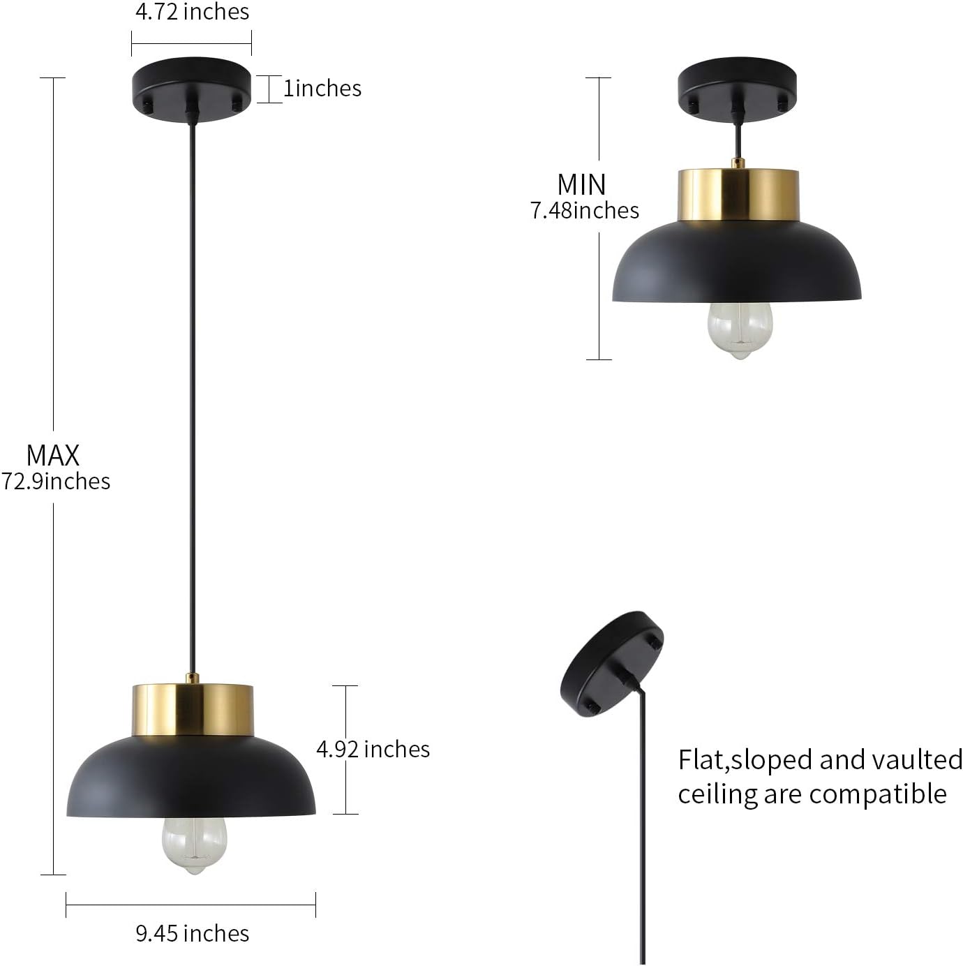 Black and Gold Pendant Lighting, Modern 1-Light Adjustable Pendant Light, Minimalist Ceiling Hanging Lamp for Kitchen Island, Barn, Dining Room, Living Room, Bedroom - - 