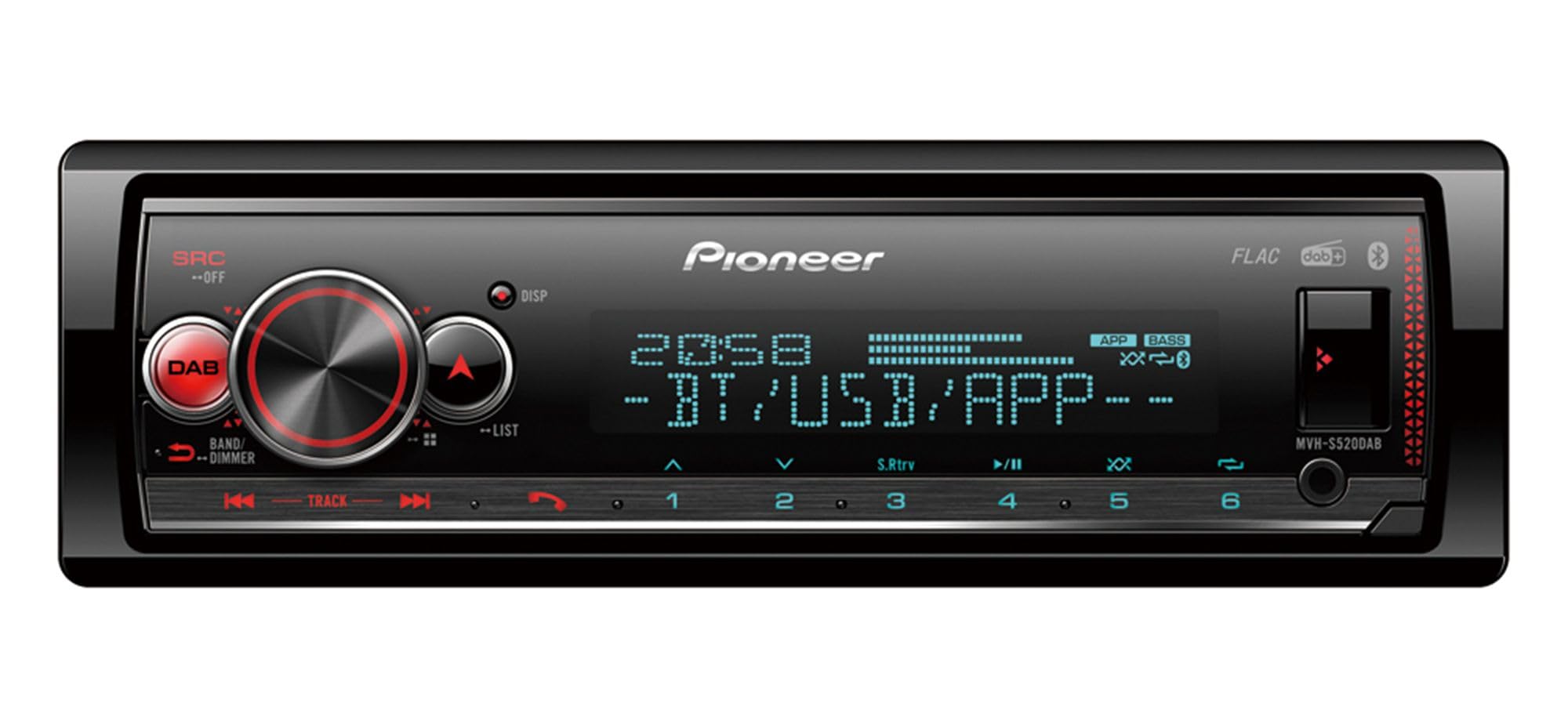 Pioneer MVH-S520DAB 1-DIN receiver with DAB/DAB+, Bluetooth, multi colour illumination, USB, Spotify, Pioneer Smart Sync App and compatible with Apple and Android devices.