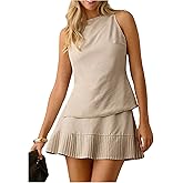 WDIRARA Women's 2 Piece Skirt Outfits Boat Neck Backless Tank Top Pleated Mini Skirt Set