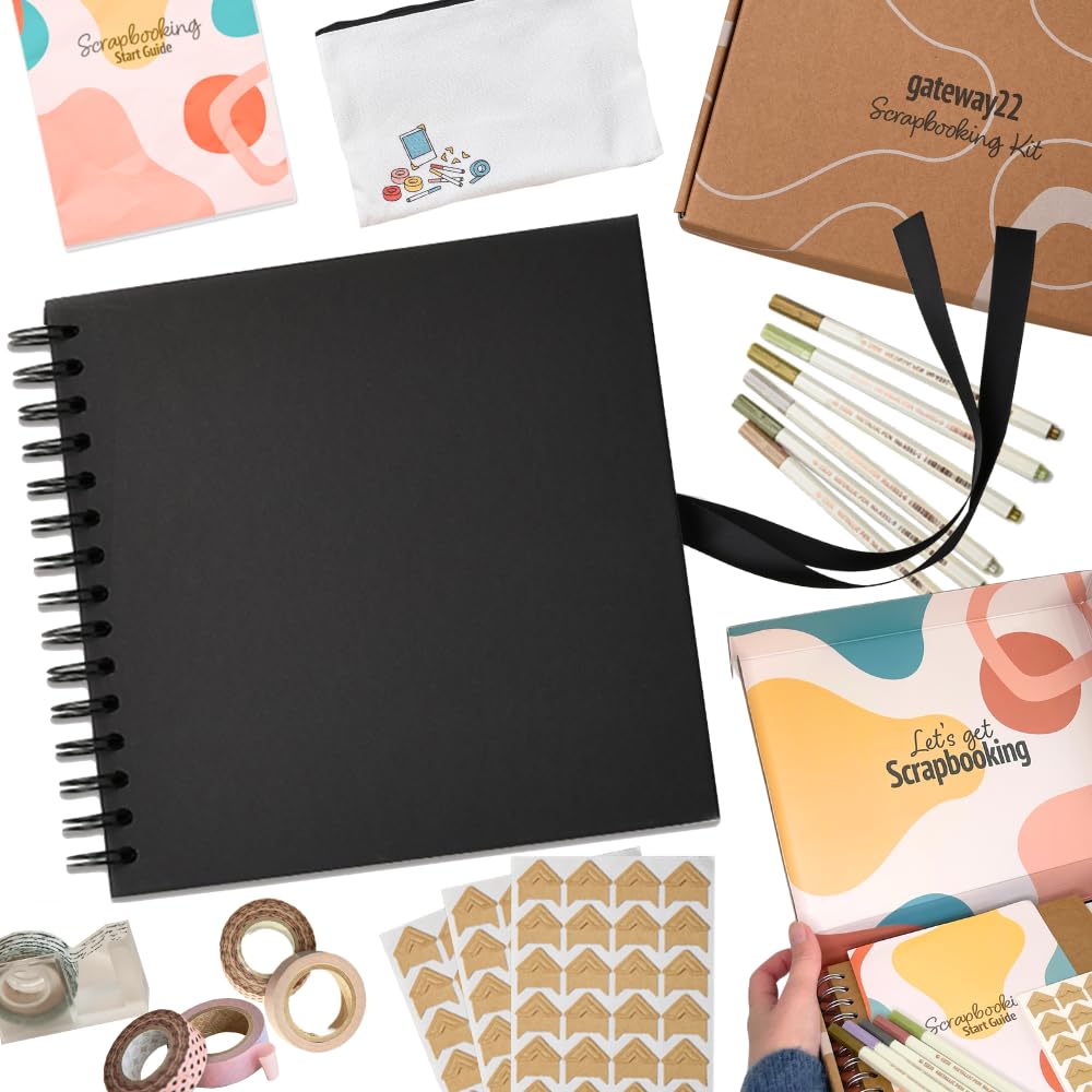 Scrapbook Kit - 80 Page Photo Album Scrapbook for DIY Memory Book - holds 240 Photos, with Metallic Pens, Photo Corner Sticker Sheets, Washi Tape Set, How-To-Guide (Black, 21 x 21cm)