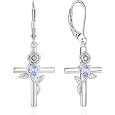 Vesitim Sterling Silver Cross Earrings Rose Flower Dangle Earring Faith Religious Birthstone Jewelry for Women