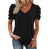 ATHMILE Womens Blouse Dressy Casual V Neck Puff Short Sleeve Tshirts Boho Fashion Summer Spring Tunic Top Clothes