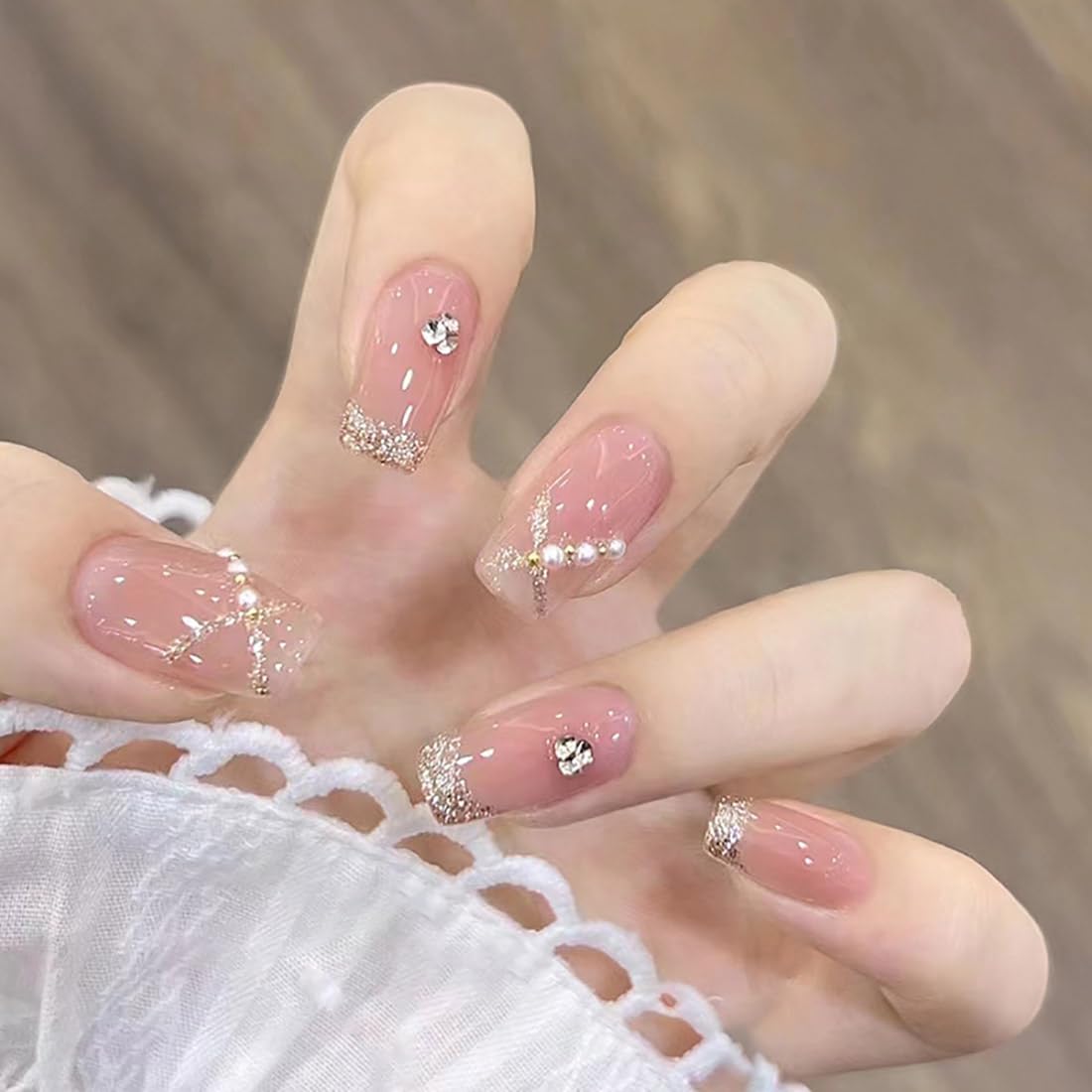 SINLOV Coffin False Nails Long Nude Pink Gradient Fake Nails Crystal Pearl Press on Nails French Nails Sparkly Ballerina Acrylic Stick on Nails for Women and Girls