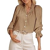 Tankaneo Womens Puff Long Sleeve Button Down Shirts Ruffle Mock Neck Blouses Dressy Casual Loose Fit Tops