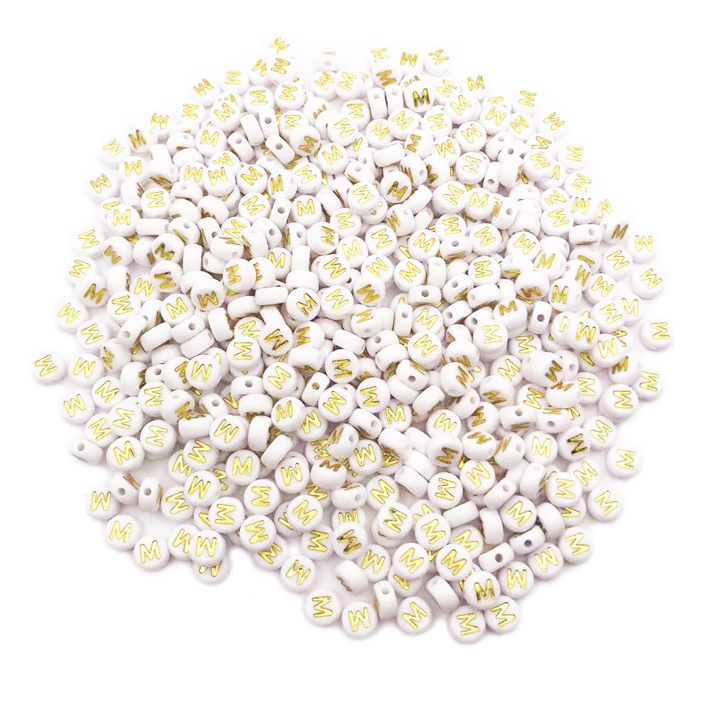 Xnordcaper 500PCS 4x7mm Acrylic Letter Beads M for Friendship Bracelets Jewelry Making, White Flat Round Acrylic with Golden Alphabet Beads for DIY Crafts Bracelets Necklaces Key Chains Phone Lanyard