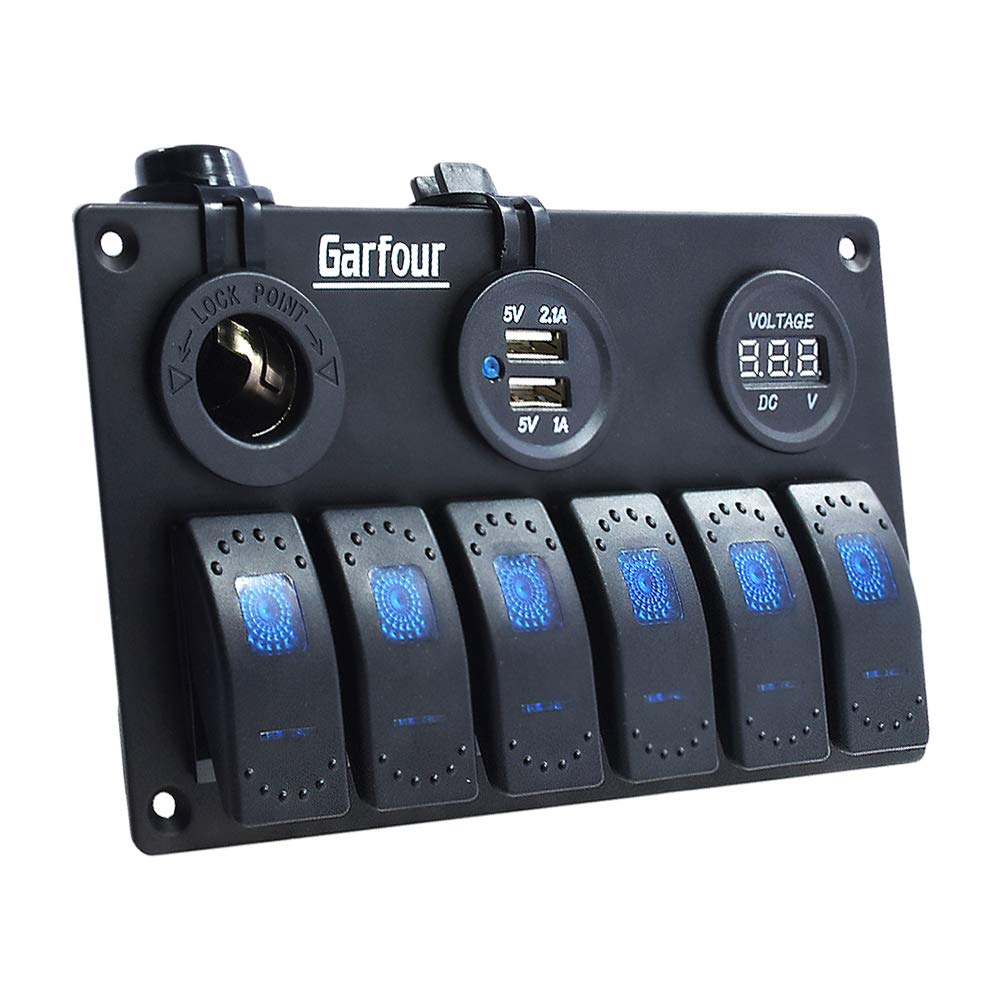 Garfour6 Gang Marine Boat Rocker Switch Panel, 12V Waterproof RV Led Switch Panel for Car Truck Marine Boat, Digital Voltmeter Display Dual USB Charger Port DC 12 Volt Socket 12/24V Blue Lighted: Industrial & Scientific
