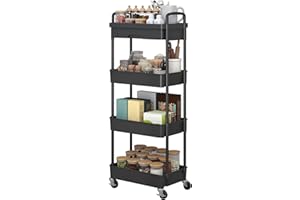 Dttwacoyh 4-Tier Rolling Cart，Trolley with Drawer, Kitchen Storage Organizer with Plastic Shelf & Metal Wheels, Storage Cart for Living Room, Kitchen, Office, Bathroom, Black