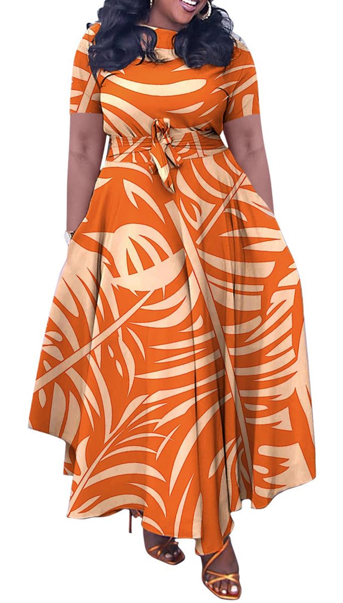 Photo 1 of BFFBABY Plus Size Dress A Line Dresses for Women Summer Long Dresses with Sleeve Casual Belted Orange