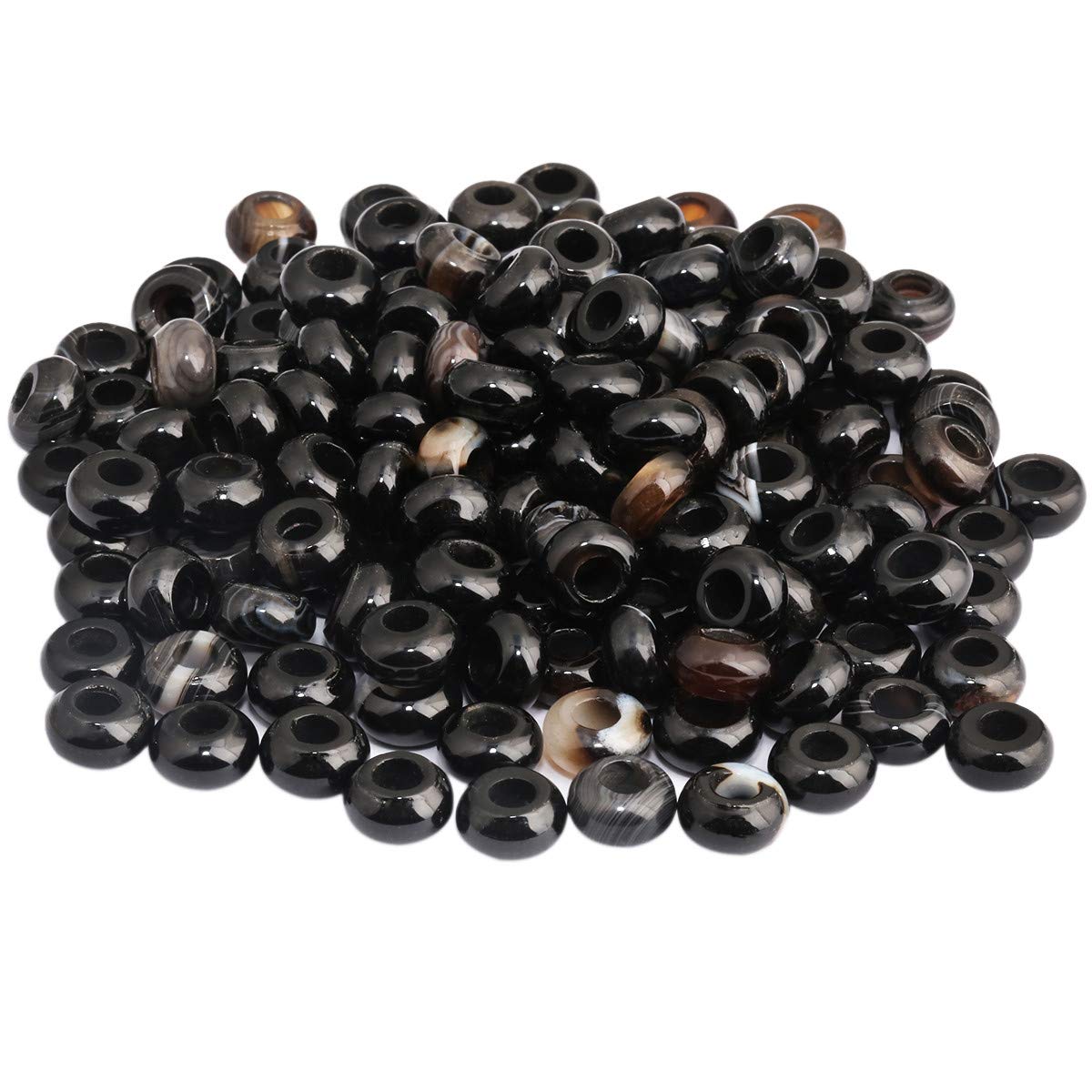KYEYGWO Black Agate Large Hole Polished Stone Loose Beads for Jewelry Making, Rondelle Gemstone Beads for European Charm Bracelet, Pack of 20