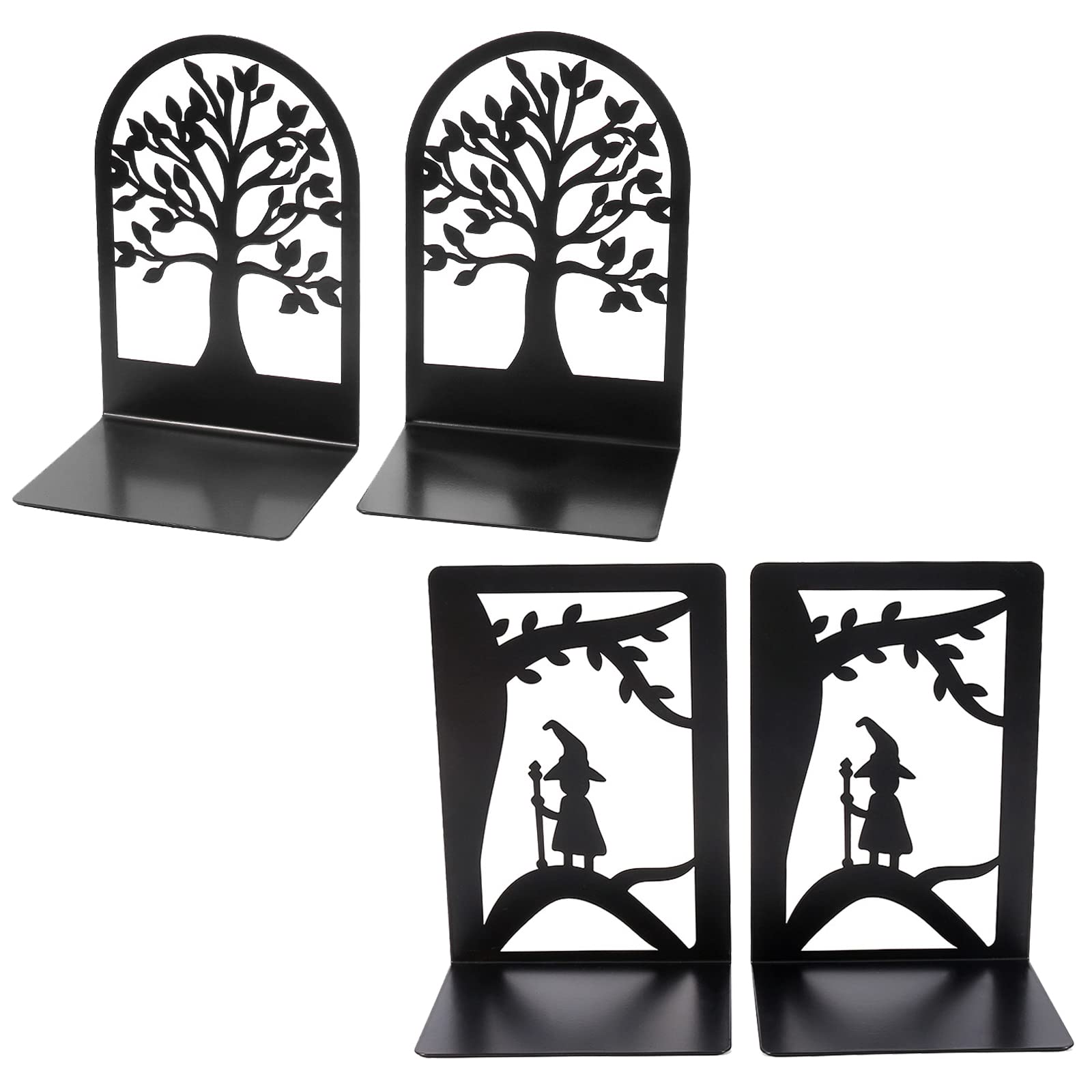 Book Ends, Bookends Heavy Duty, Aileese Book End Holder for Shelves, Metal Bookend (Black 2 Pair) for School and Office, Decorative Tree Unique Design Book Stopper for Gift, Book Binder and Dividers