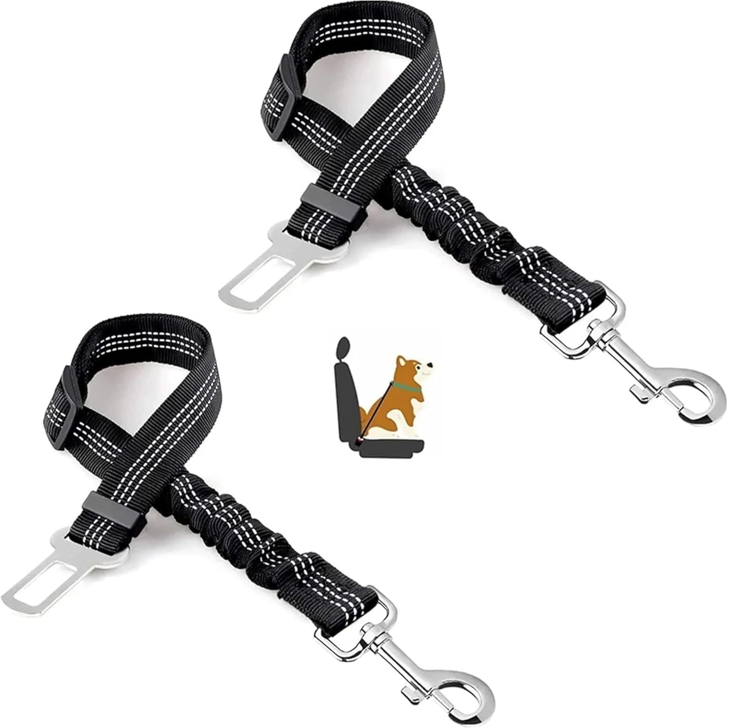 2-Pack Dog Seat Belts for Cars -Dog Seat Belt Adjustable Elastic Bungee-Strong Durable Dog Car Harness-Dog Seat Belt 360 Degree Swivel Won't Twist,Reflective,Easy to Use (BLACK (2-PACK))
