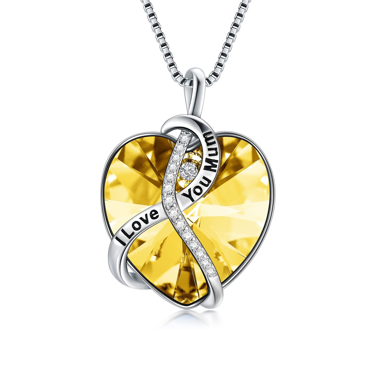 AOBOCO Gifts for Mum Necklaces Mother Birthday Jewellery Gifts Sterling Silver I Love You Mum Heart Necklace (Simulated Topaz)