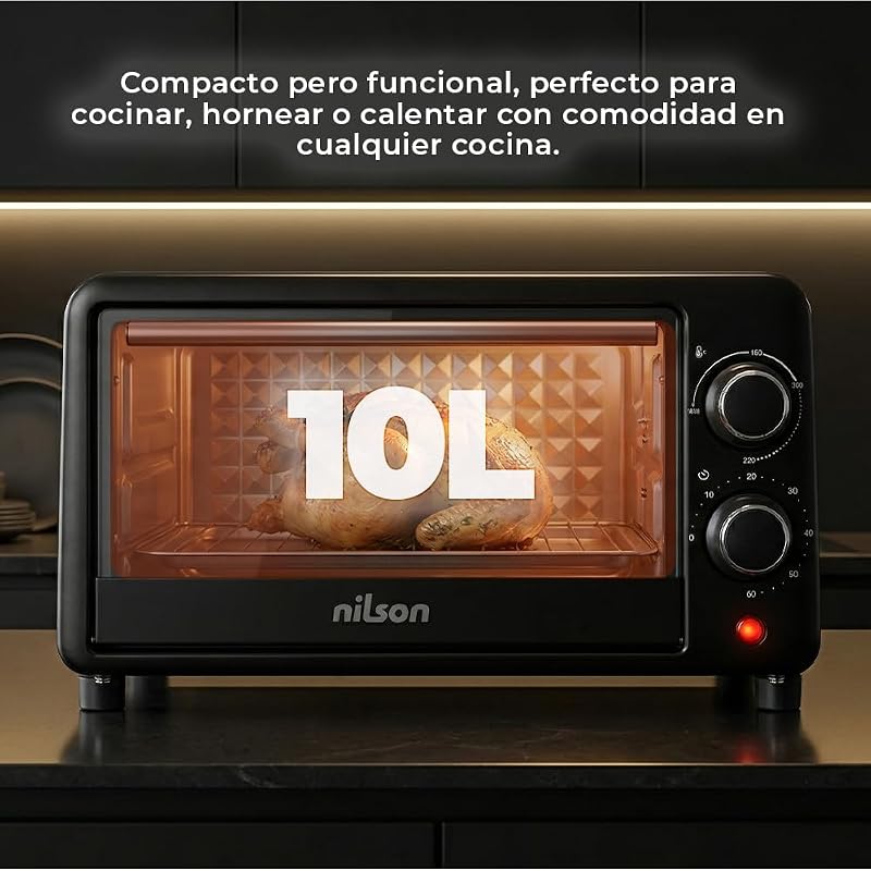 Horno de Sobremesa 10 L, Compacto, 1000 W, Control Mecánico, NHS1000N, Termostato Ajustable, Temperatura Máxima 230º, Temporizador 60 min, Incluye Bandeja Esmaltada y Rejilla Metalica — foto 6 de 7