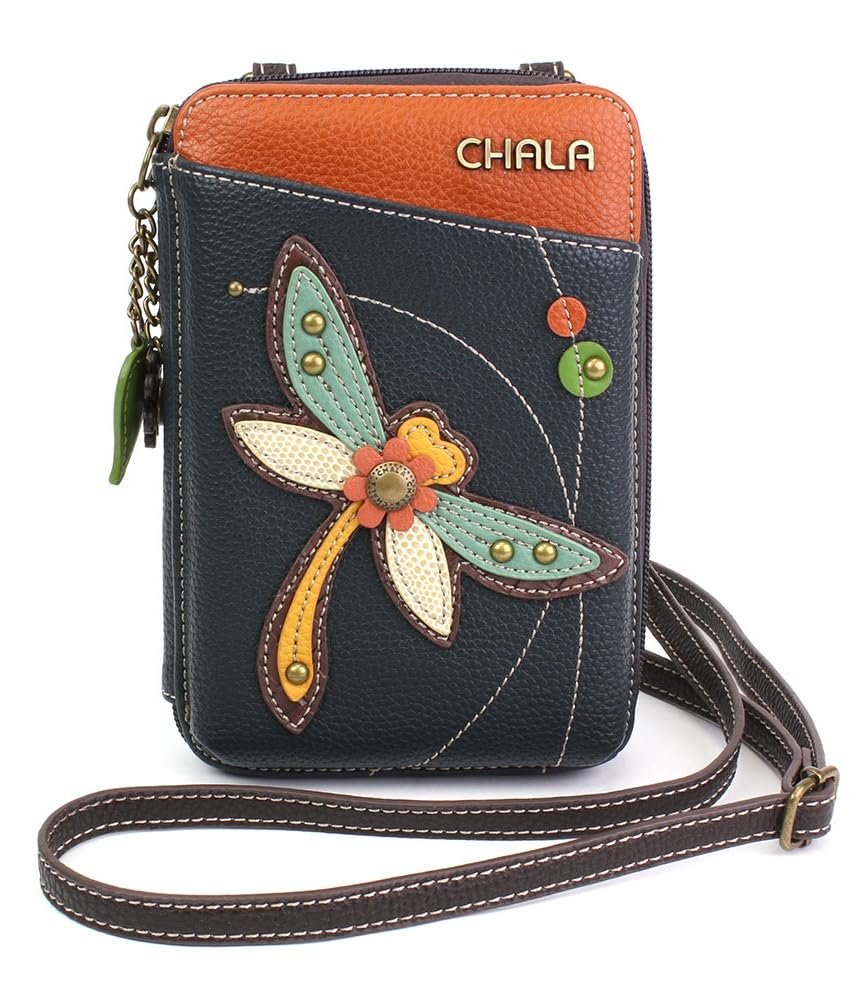 CHALA Women's Wallet Crossbody Cell Phone Purse Faux Leather Multicolor Handbag with Adjustable Strap - Dragonfly Navy, one Size