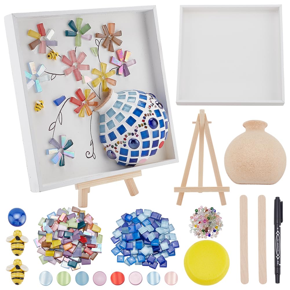 WEBEEDY DIY Mosaic Painting Kit Handmade Flower Vase Pattern Square Frame Mosaic Arts and Craft Kits DIY Adult Mosaic Making Projects Kits with Instruction Christmas Home Table Decor,20x20cm