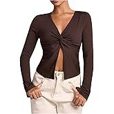 Verdusa Women's Twist Front Long Sleeve Shirts Deep V Neck Fitted Crop Tee Y2K Going Out Tops