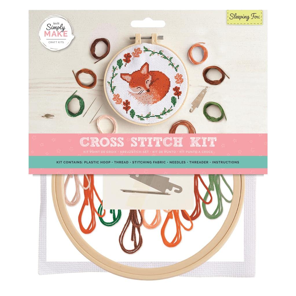 Simply Make Cross Stitch Kit - Sleeping Fox Design for Kids and Adults, Including Hoop, Embroidery Thread, Fabric and Needle - Perfect for Adult Crafts and Beginners - Starter Cross Stitch Craft Kit โ image 1