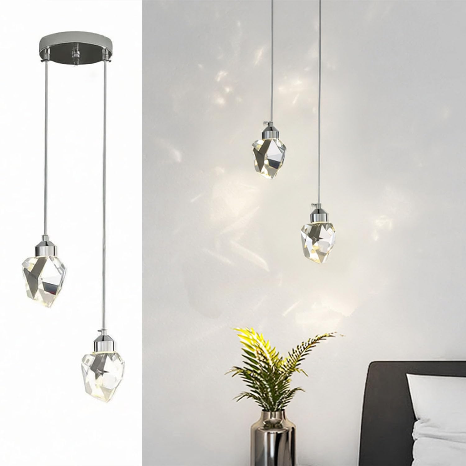 Sxtiger Modern Crystal Pendant Light, 3-Color LED Silver Ceiling Hanging Lamp, for Kitchen Island Bedroom Living Room Dining Room Lighting (2-Head Round Base) — image 1