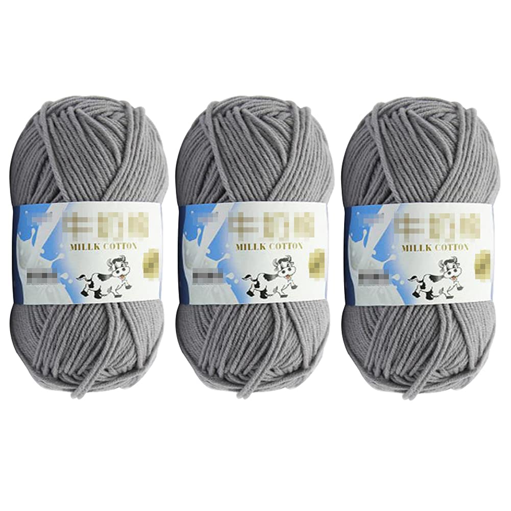 3Pcs 50g Milk Yarn Knitting Cotton Yarn Soft Chunky Hand-Woven Crochet Wool Yarn for Handcrafts Crocheting Knitting (Grey)
