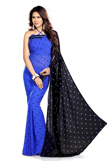 Womens Faux Georgette Dots Prints Half & Half Fancy Saree With Un-Stitched Blouse Piece (7451-Royal Blue, Black-6.3 meters)