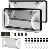 2 Pack License Plate Protector & Frame Combo, Clear Plastic Car Front/Rear Covers with Screws Caps, Universal Fit Car Accessories + Bonus Valve Stem Caps, Adhesive Pads & Mini Screwdriver