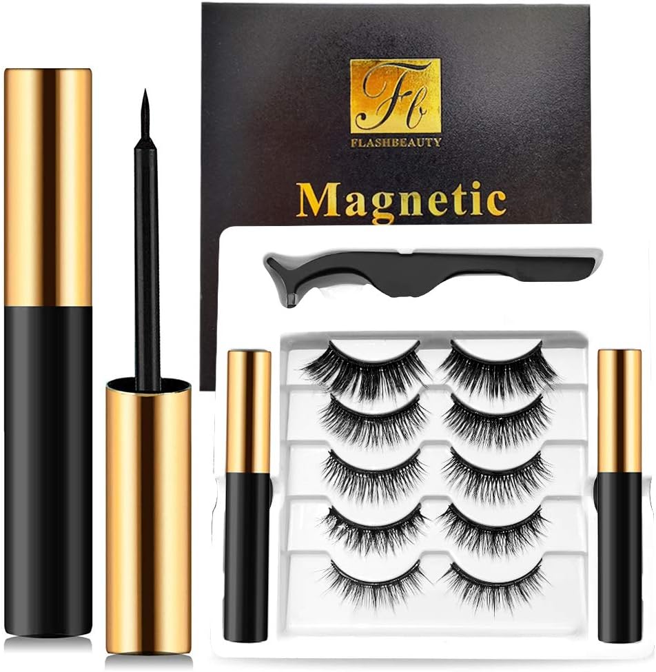 Magnetic Eyelashes and Eyeliner Kit with Tweezer, 5 Styles of 3D Lashes Reusable Waterproof Natural Look