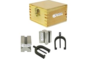 BLUEFOX TOOLS Steel Vee Block with Clamp Set - 2'' x 1/2'' x 1/2'' - Precision 90° Angle V-Blocks for Accurate Machining - Hardened Chrome Steel, Max Diameter 1-1/2'' - Includes Wooden Storage Box