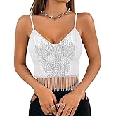 Haoohu Women's Sparkly Sequin Spaghetti Strap Crop Top Sleeveless V Neck Rave Tank Vest Clubwear