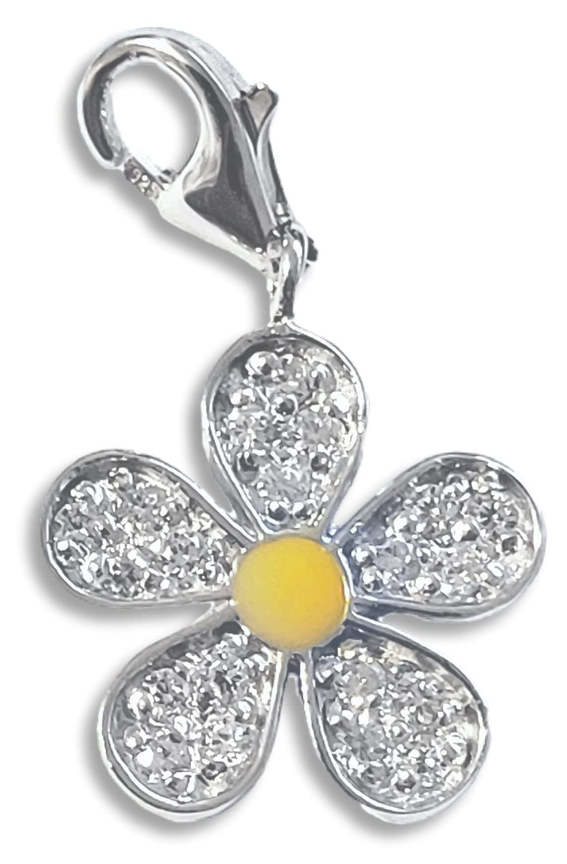 White Cubic Zirconia (CZ) Flower Sterling Silver Clip On Charm Pendant with Lobster Clasp for Women - Compatible with Thomas Sabo Charms Bracelet - Women's Clasp Charms. R6189