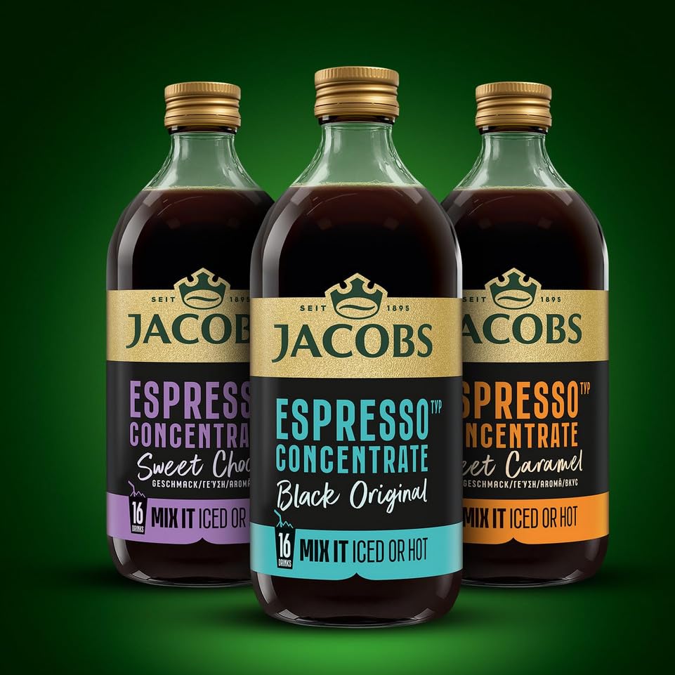 JACOBS Espresso Concentrate, Kaffeekonzentrat, 3 x 485ml, Bündel aus 3 Sorten Black, Caramel & Choco 3