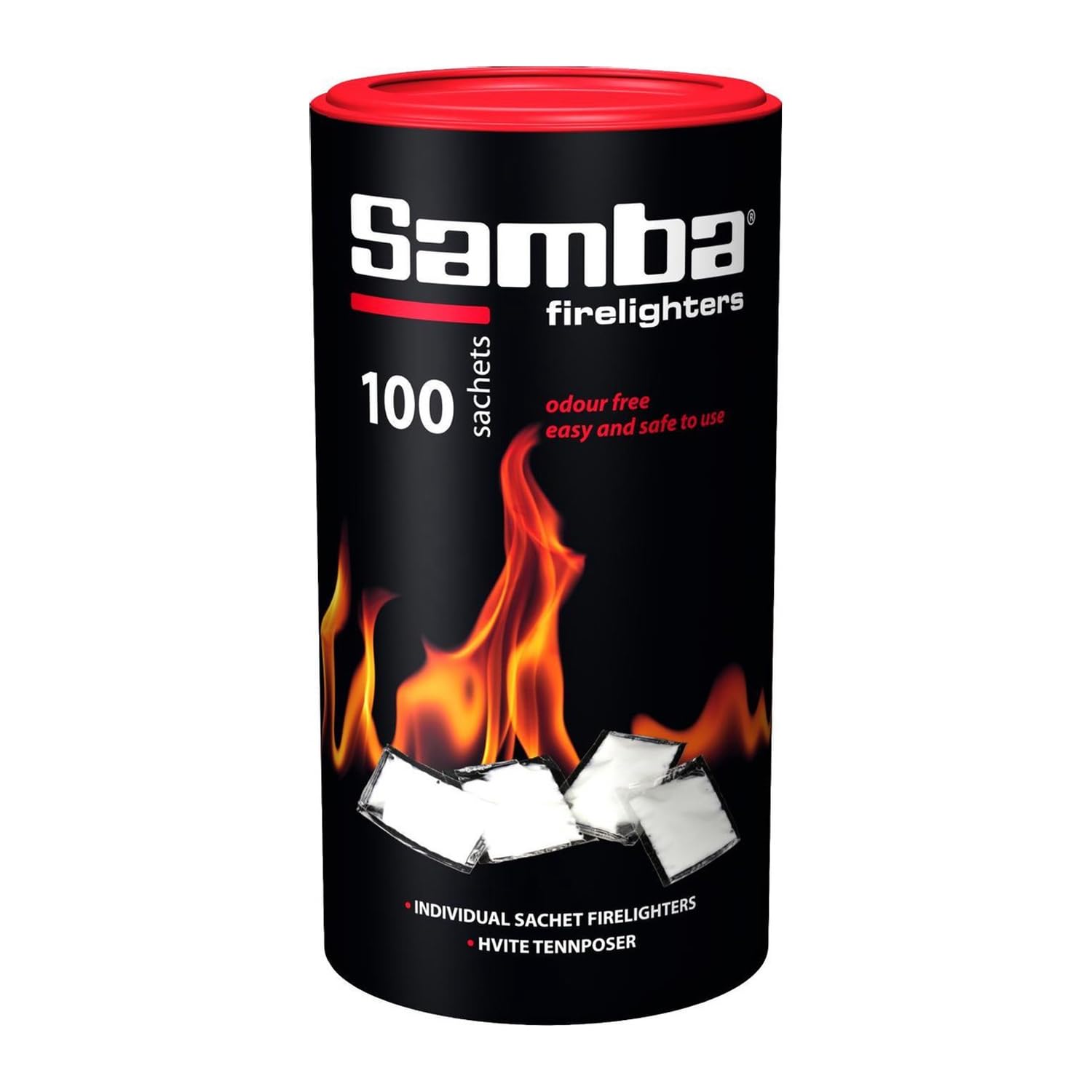 100 Samba Firestarters Firelighters Sachets - Odourless Burning & Easy to Light - For BBQs Barbecues Wood Burner Wood-Fired Ovens Stoves Fireplaces & Campfires - 1 Tube