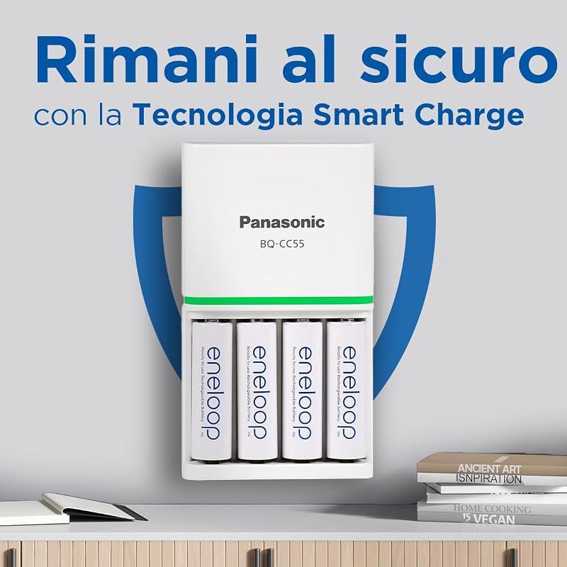 Caricabatterie SmartPlus per Batterie AA/AAA Ni-MH, Include 4 Batterie AA 2000mAh, Ricarica Rapida 1,5 Ore, con LED e 10 Funzioni di Sicurezza