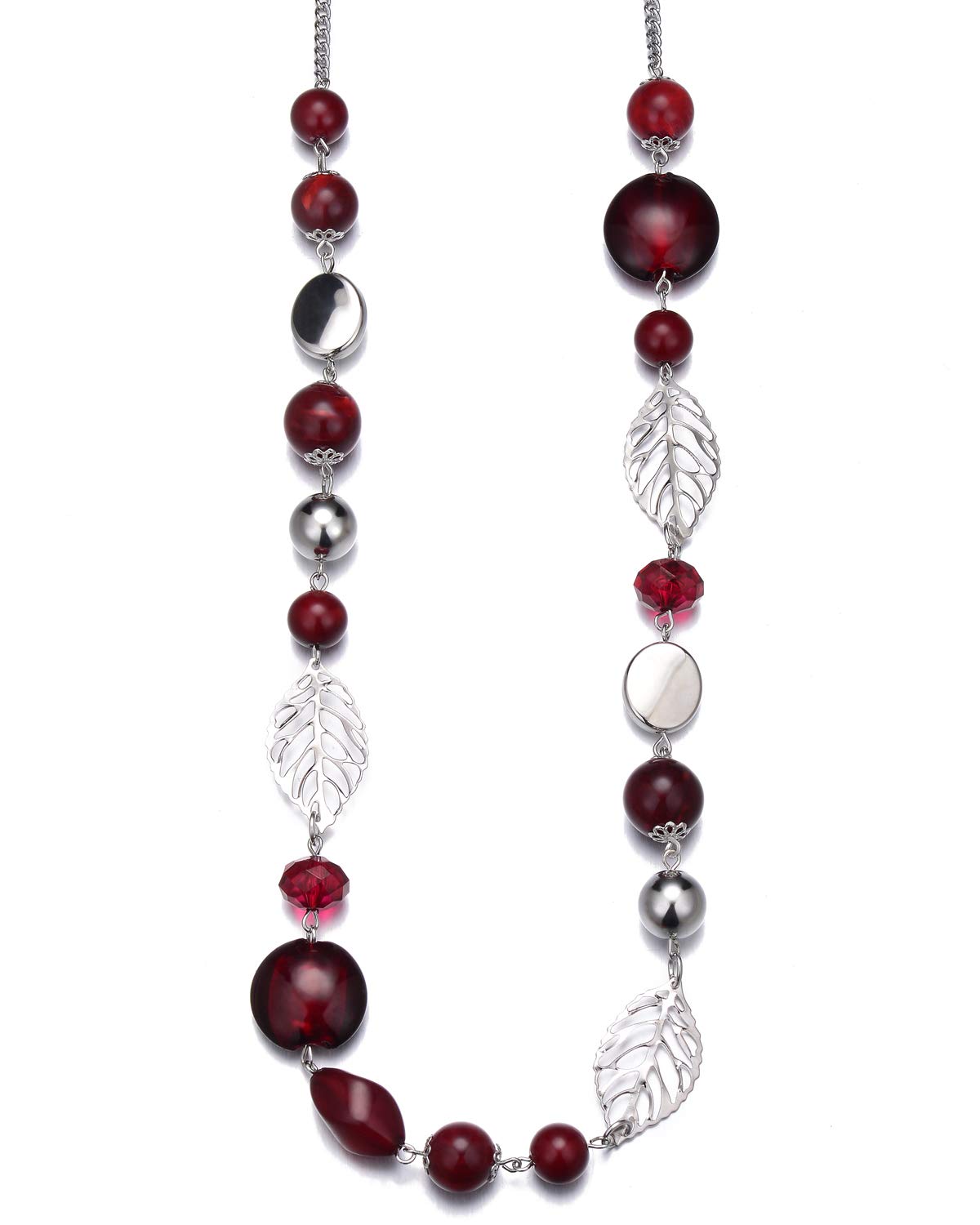 BULINLIN Long Beaded Silver Necklace for Her Crystal Bead Sweater Chain Fashion Jewelry Necklace Birthday Gifts for Women Mum(24-Red)