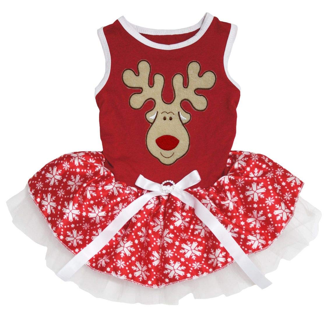 Petitebella Reindeer Face Cotton Shirt Tutu Puppy Dog Dress (Red/Snowflakes, Medium)