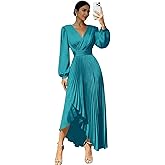 Seabinayed Long Sleeve Satin Wedding Guest Dresses for Women Pleated A Line Pleated Backless Formal Evening Gowns