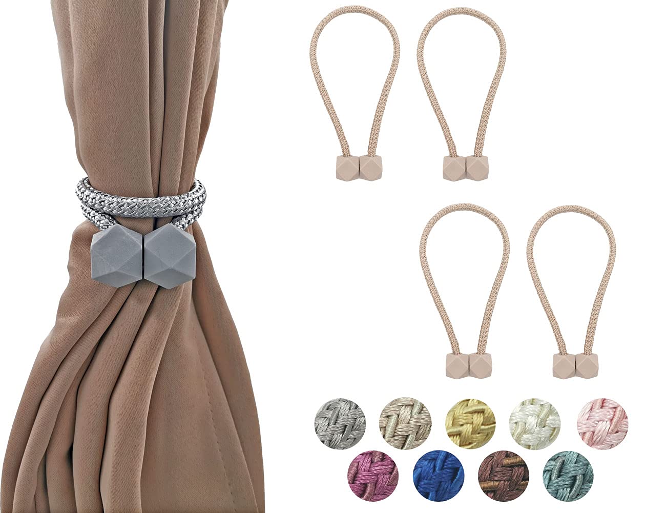 HYX 4 Piece Magnetic Curtain Tiebacks Holdbacks, Modern Curtain Tieback Clips, Curtain Rope Holder Tie Backs, Decorative Hold Backs for Home Office Decoration (Beige)
