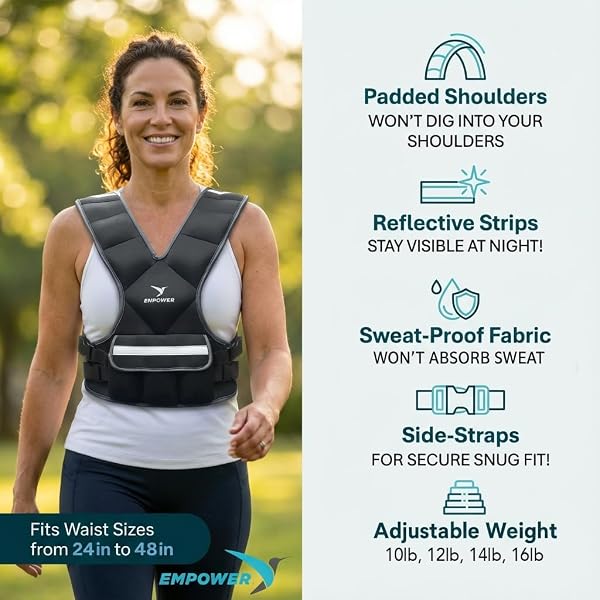 EMPOWER WEIGHTED VEST FOR WOMEN – WORKOUT VEST – FIXED 8LBS OR ADJUSTABLE 10-12-14-16LBS – ADDS RESISTANCE TO STRENGTH TRAINING, RUNNING, WALKING & CARDIO – DESIGNED TO FIT A WOMAN’S BODY