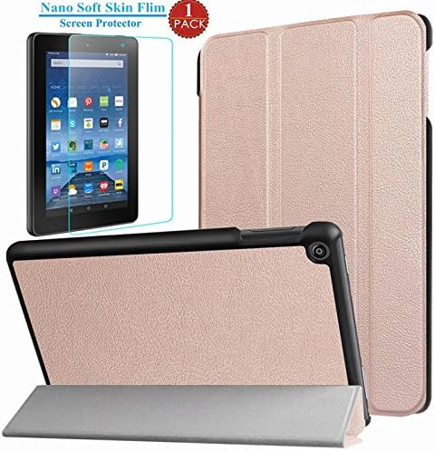 I VIKKLY All-New Fire 7 2017 Case With Screen Protector,[Tri-Fold] Ultra Slim Stand Smart Case with Auto Sleep/Wake Function for All-New Amazon Fire 7 Tablet (7th Generation, 2017 Release) (Rose Gold)