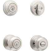 Kwikset Juno Keyed Entry Door Knob and Single Cylinder Deadbolt Combo Pack with Microban Antimicrobial Protection Featuring SmartKey Security in Satin Nickel