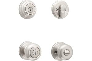 Kwikset Juno Keyed Entry Door Knob and Single Cylinder Deadbolt Combo Pack with Microban Antimicrobial Protection Featuring SmartKey Security in Satin Nickel