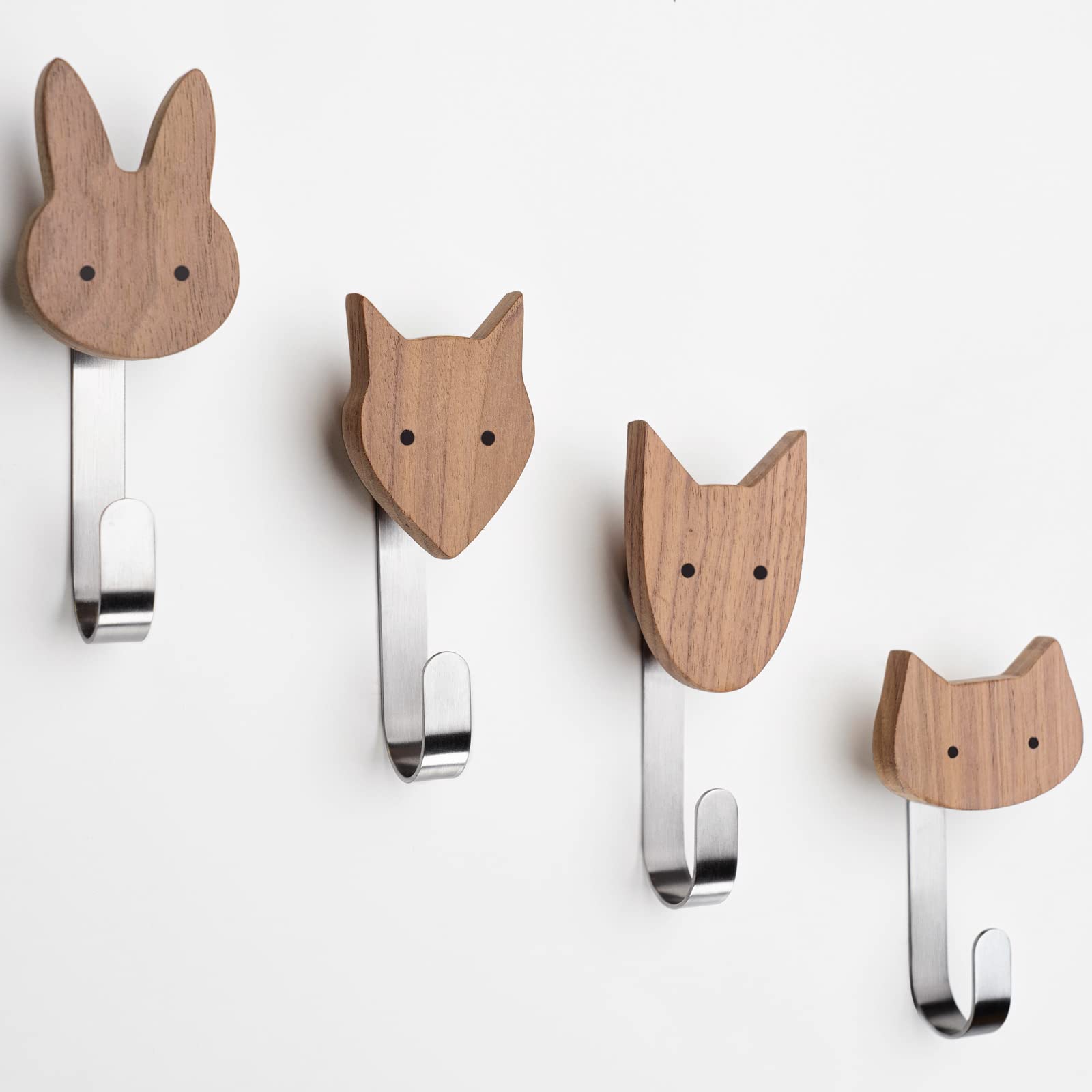 Children's Wooden Coat Hooks in Animal Shapes, Wall Hooks, Coat Hooks, Wardrobe Hooks, Children's Room, Animals, Dog, Cat, Fox, Rabbit, Decoration (Walnut with 4 Metal Hooks)