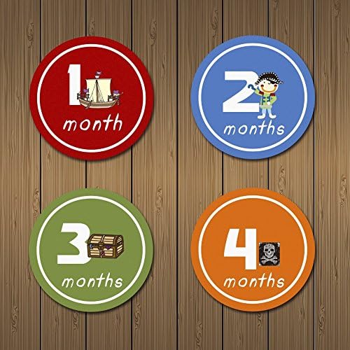 MyLilSprouts Pirates Treasure Monthly Baby Boy Newborn MileStone Round Easy Peel Stickers 1 - 12 Months Set - Baby Shower Gift - (Style 7)