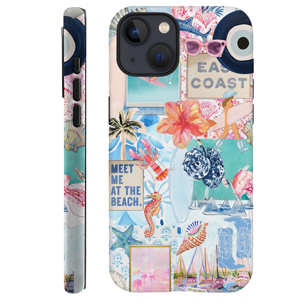Generic Case Compatible with iPhone 14,Scratch Resistant Hybrid 2-Layer Hard Shell Phone Case,Seashells Beach Summer Jellyfish Collage