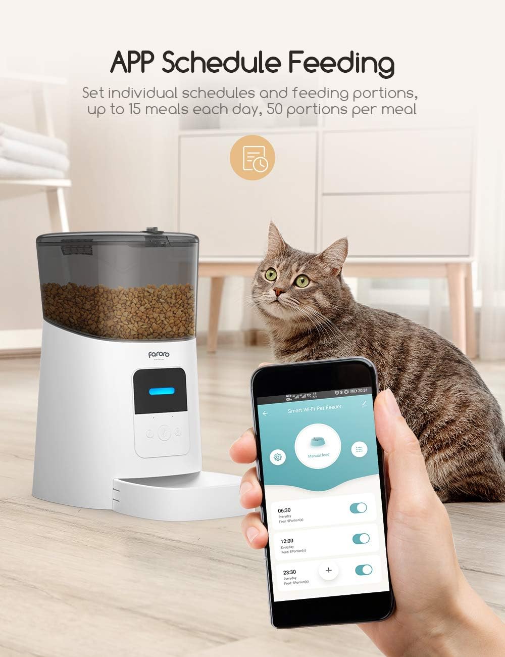 Pet Supplies : Faroro Automatic Cat Feeder 2.4G WiFi Enabled 6L Smart Food Dispenser for Cats and Small Dogs with App Control, Programmable Timer, Distribution Alarms and Voice Recorder Up to 15 Meals per Day : 