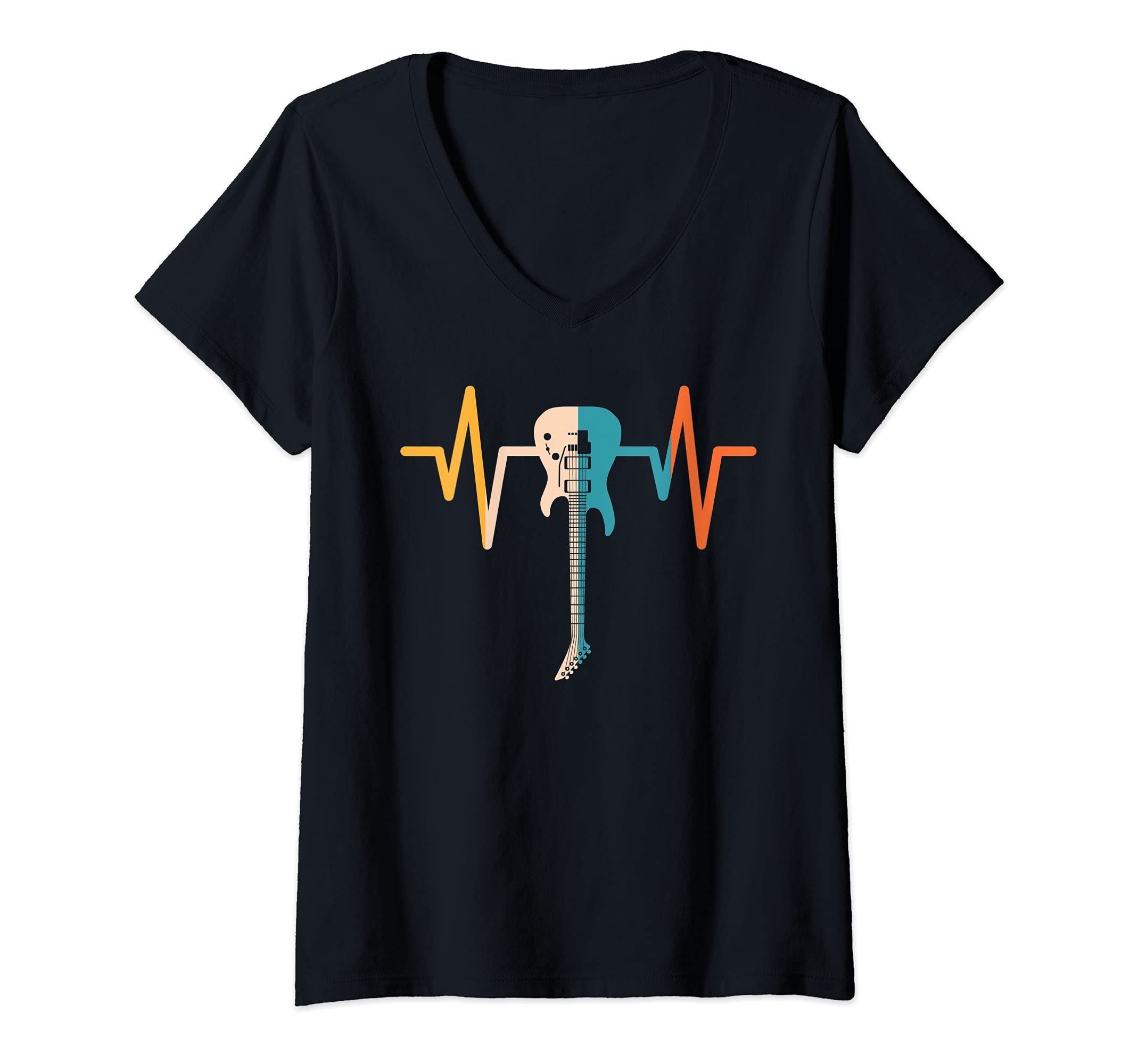 Womens Retro Electric Guitar Heartbeat Guitarist Musician Guitar V-Neck T-Shirt