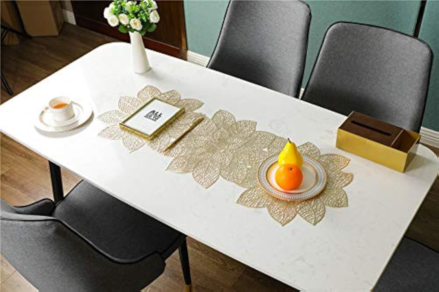 Hosoncovy PVC Hollow Table Runner Non-slip Flower Decorative Lotus Table Mats Placemat for Home Party Kitchen Dining Wedding Decor (Gold)