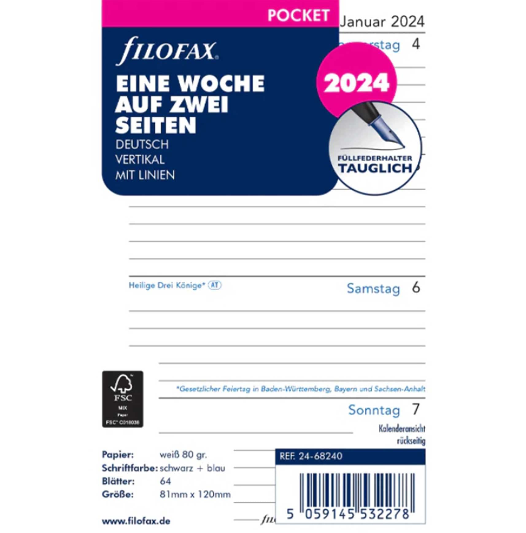 FILOFAX Calendar Insert Pocket 1 Week on 2 Pages Vertical (German) 2024