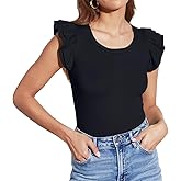 Lacozy Womens Blouse Ruffle Sleeve Top Crewneck Short Sleeve Shirt Casual Basic Work Office Dressy Shirts Spring Summer